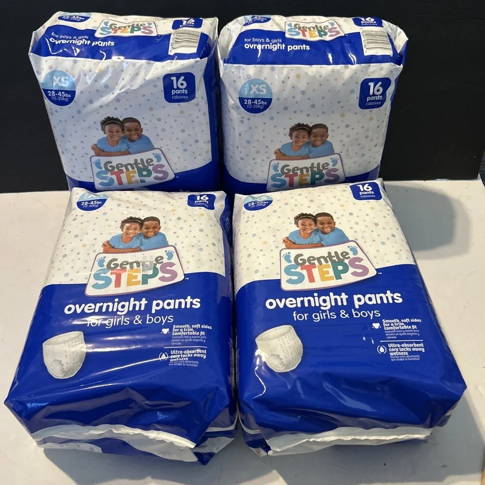 Lot Of 4 Gentle Steps Overnight 16 Pant Diapers Girls Boys XS 28-45 LBS 64 Total